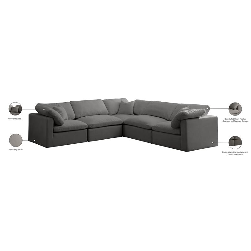 Pemberly Row Contemporary Standard Gray Velvet Modular Sectional
