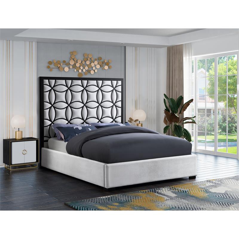 Pemberly Row White Velvet Queen Bed with Matte Black Steel Frame