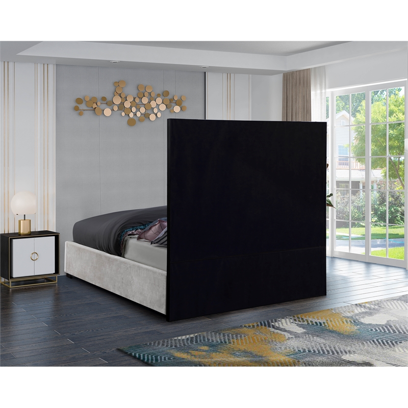Pemberly Row White Velvet Queen Bed with Matte Black Steel Frame