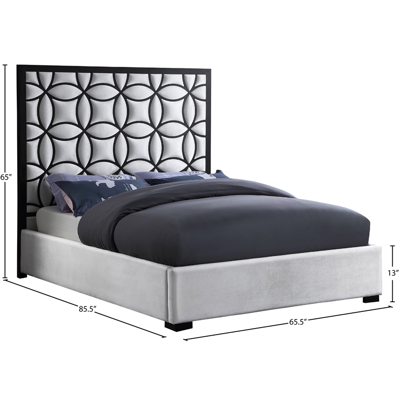 Pemberly Row White Velvet Queen Bed with Matte Black Steel Frame