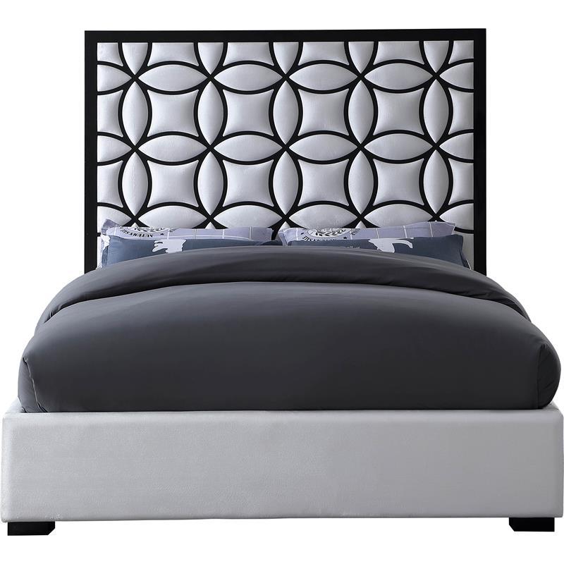Pemberly Row White Velvet Queen Bed with Matte Black Steel Frame