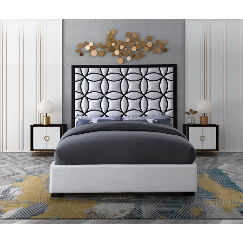 Pemberly Row White Velvet Queen Bed with Matte Black Steel Frame