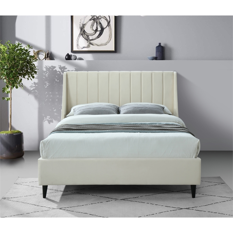 Pemberly Row Contemporary Soft Cream Velvet Upholstered King Bed