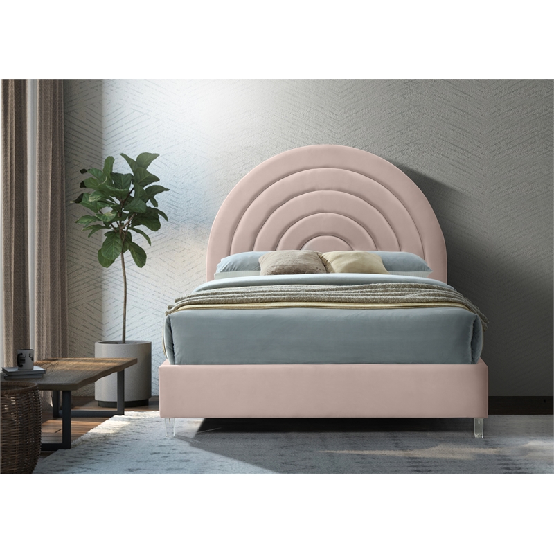 Pemberly Row Contemporary Pink Velvet Full Bed in Acrylic Finish