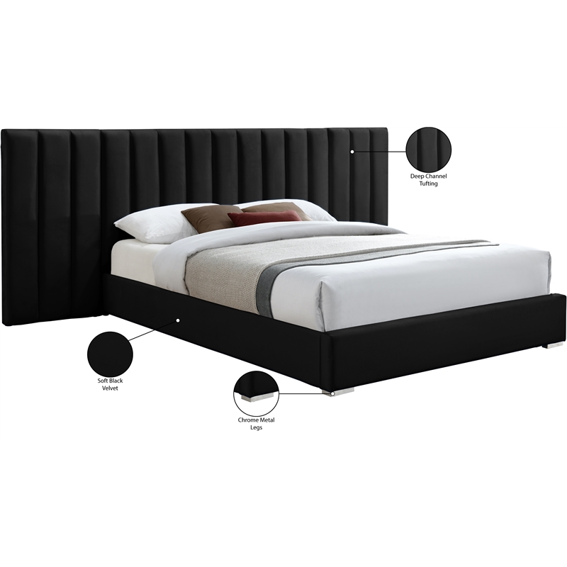 Pemberly Row Modern Black Velvet King Bed with Chrome Metal Legs