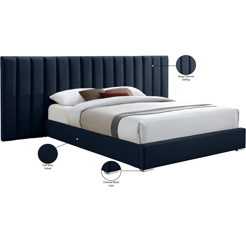 Pemberly Row Modern Navy Velvet Queen Bed with Chrome Metal Legs
