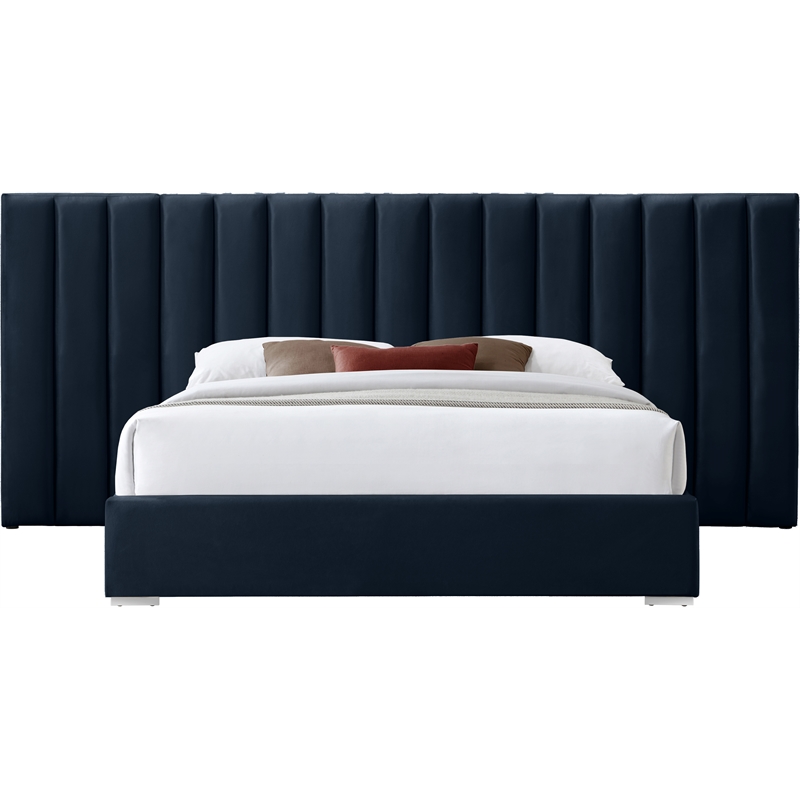 Pemberly Row Modern Navy Velvet Queen Bed with Chrome Metal Legs