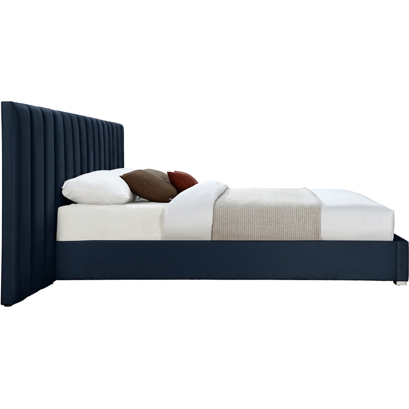 Pemberly Row Modern Navy Velvet Queen Bed with Chrome Metal Legs