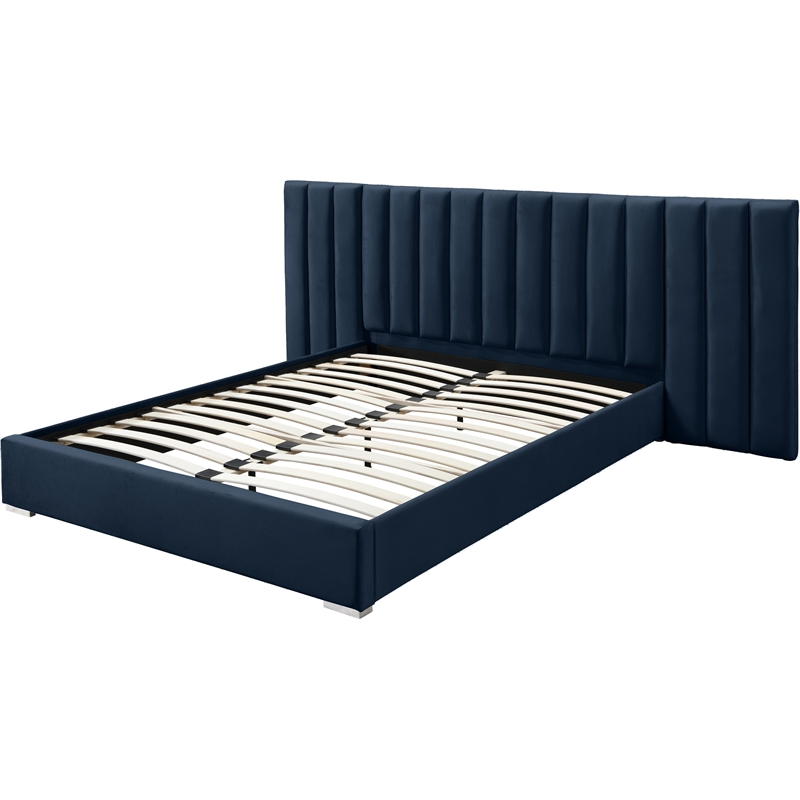 Pemberly Row Modern Navy Velvet Queen Bed with Chrome Metal Legs