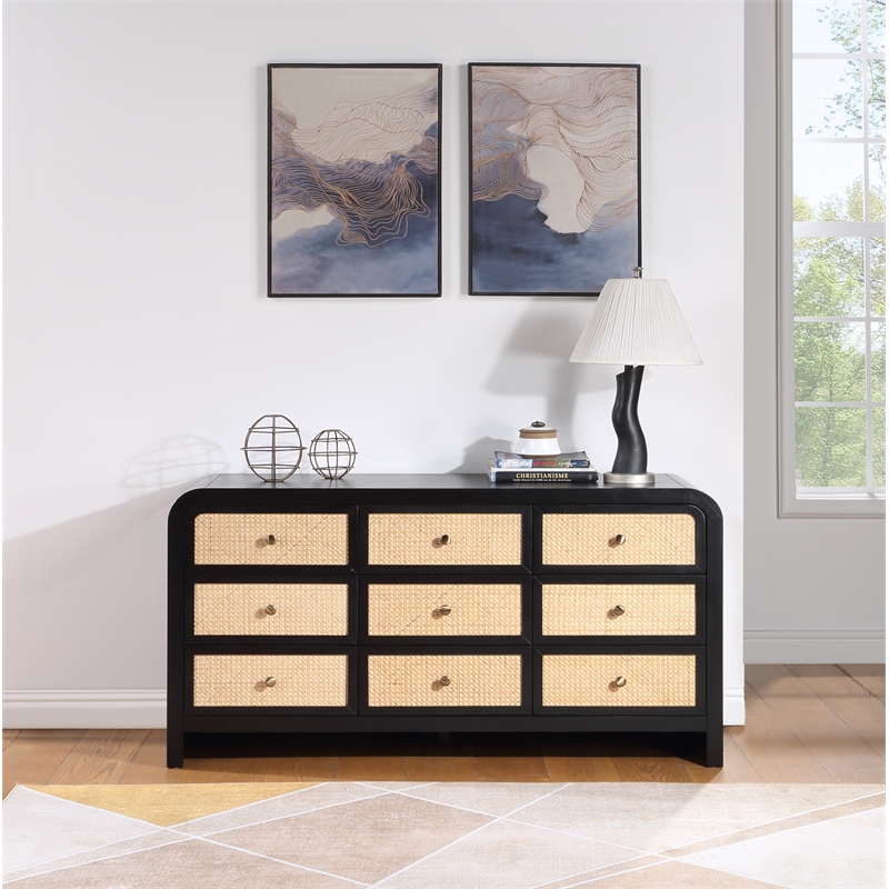 Pemberly Row Mid-Century Black Ash Wood and Natural Cane Dresser