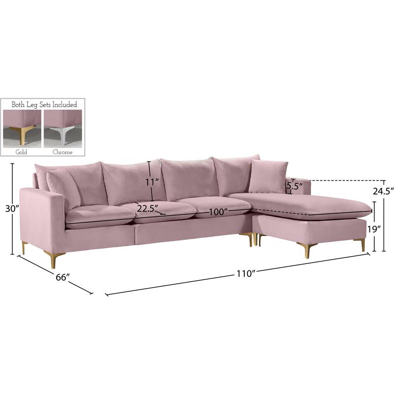 Pemberly Row Contemporary 2pc Velvet Reversible Sectional in Pink