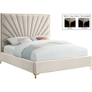 Pemberly Row Contemporary Solid Wood and Velvet King Bed in Cream
