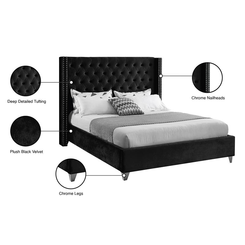 Pemberly Row Solid Wood Tufted Velvet Wing Back Full Bed in Black