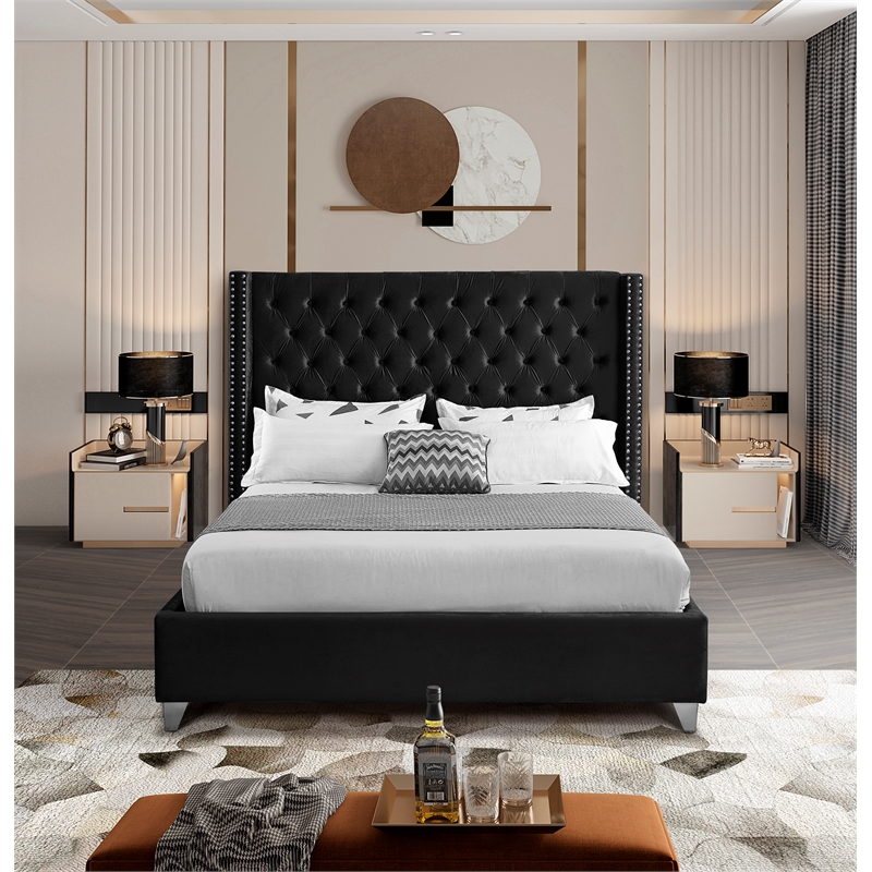 Pemberly Row Solid Wood Tufted Velvet Wing Back King Bed in Black