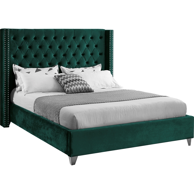 Pemberly Row Solid Wood Tufted Velvet Wing Back Full Bed in Green