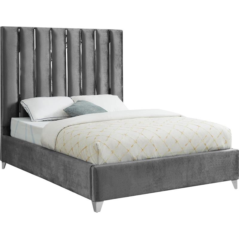 Pemberly Row Contemporary Solid Wood and Velvet Queen Bed in Gray