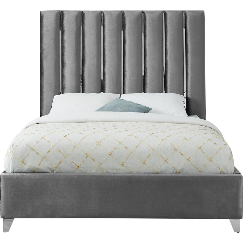 Pemberly Row Contemporary Solid Wood and Velvet Queen Bed in Gray