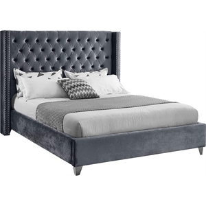 Pemberly Row Solid Wood Tufted Velvet Wing Back Queen Bed in Gray