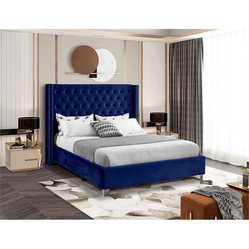 Pemberly Row Solid Wood Tufted Velvet Wing Back Queen Bed in Navy