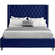 Pemberly Row Solid Wood Tufted Velvet Wing Back Queen Bed in Navy