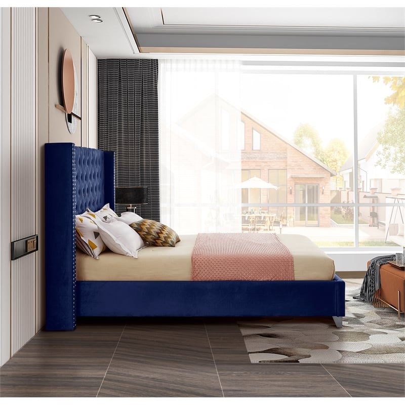 Pemberly Row Solid Wood Tufted Velvet Wing Back Queen Bed in Navy