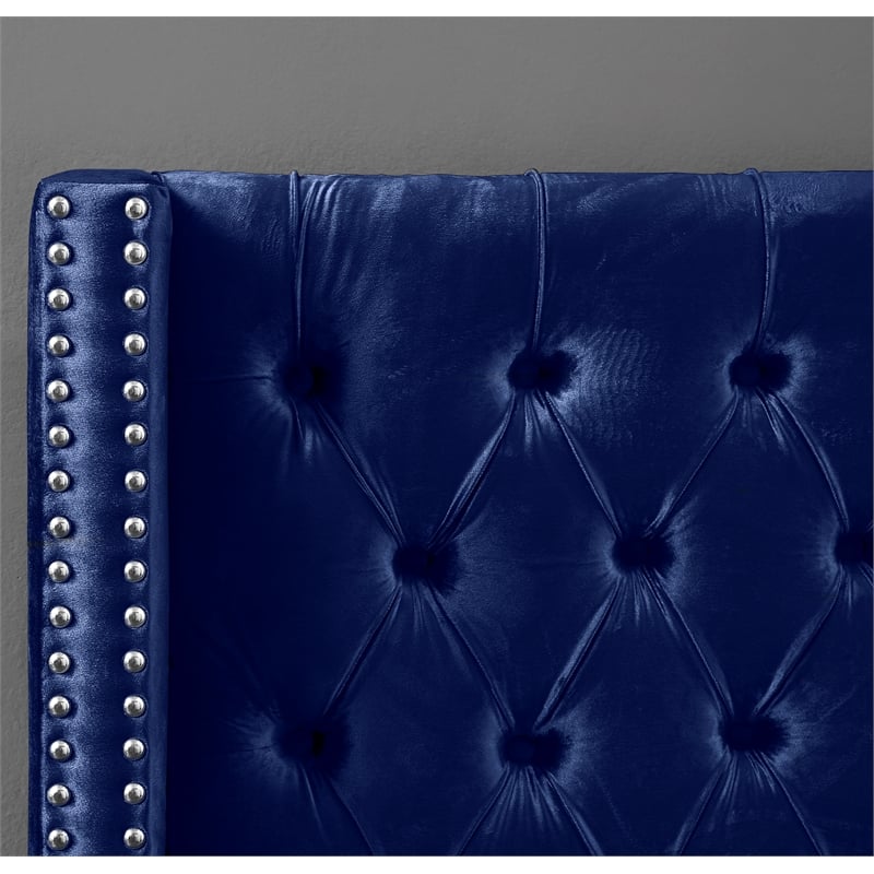 Pemberly Row Solid Wood Tufted Velvet Wing Back Queen Bed in Navy