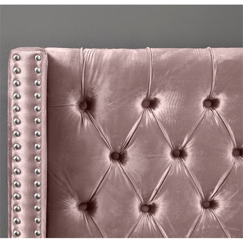 Pemberly Row Solid Wood Tufted Velvet Wing Back Queen Bed in Pink