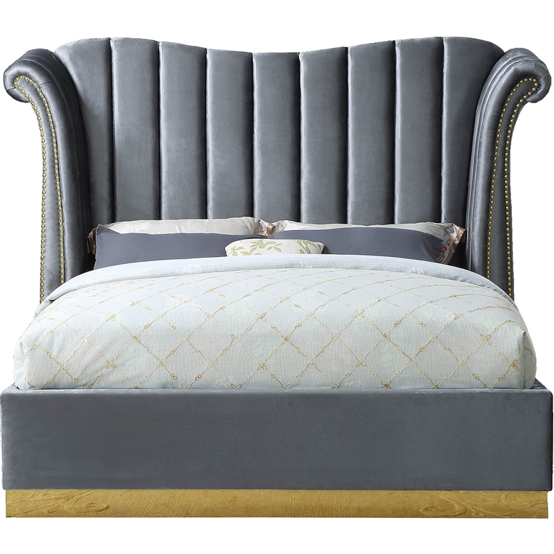 Pemberly Row Contemporary Solid Wood and Velvet Queen Bed in Gray