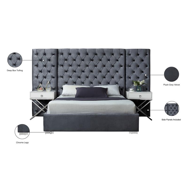 Pemberly Row Contemporary Solid Wood and Velvet Queen Bed in Gray