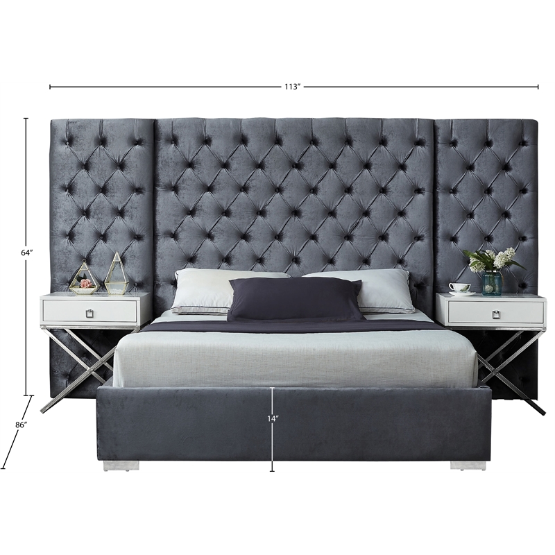 Pemberly Row Contemporary Solid Wood and Velvet Queen Bed in Gray