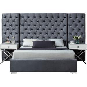Pemberly Row Contemporary Solid Wood and Velvet Queen Bed in Gray