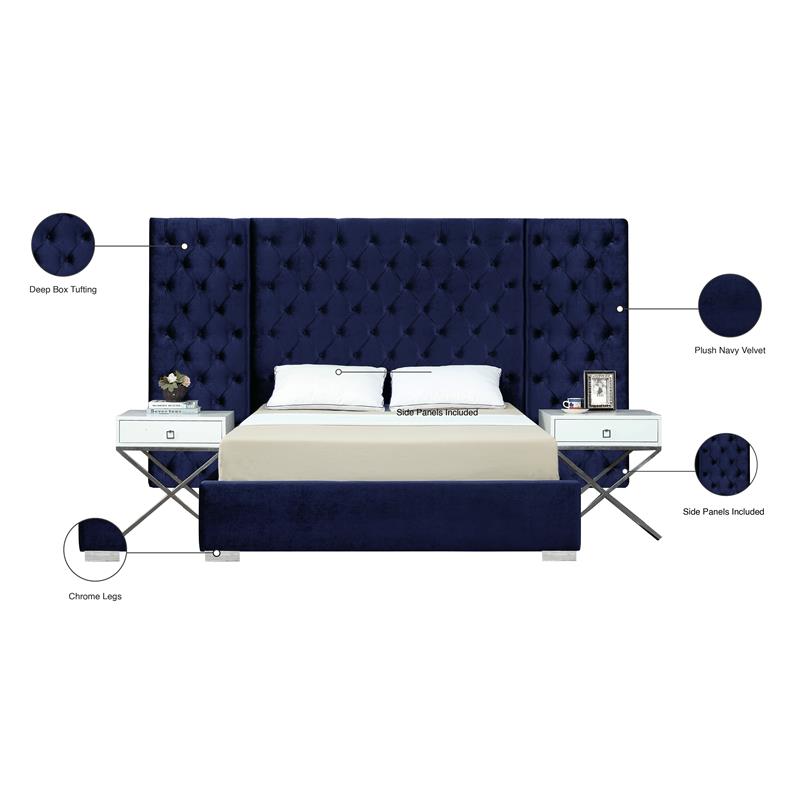Pemberly Row Contemporary Solid Wood and Velvet Queen Bed in Navy