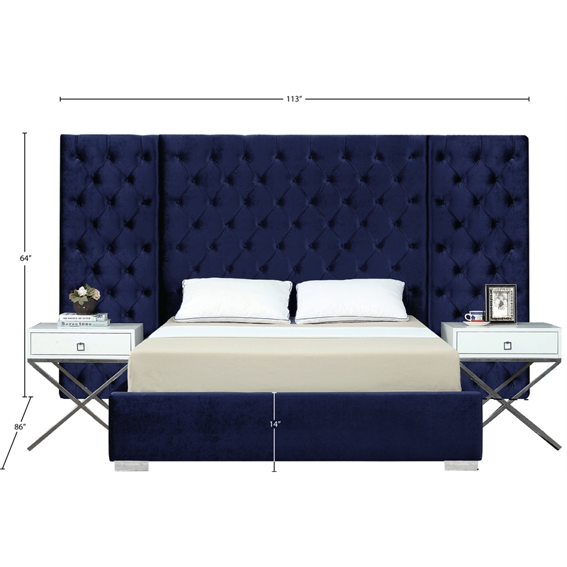 Pemberly Row Contemporary Solid Wood and Velvet Queen Bed in Navy