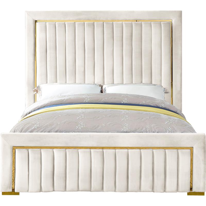 Pemberly Row Contemporary Solid Wood and Velvet King Bed in Cream