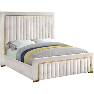 Pemberly Row Contemporary Solid Wood and Velvet King Bed in Cream