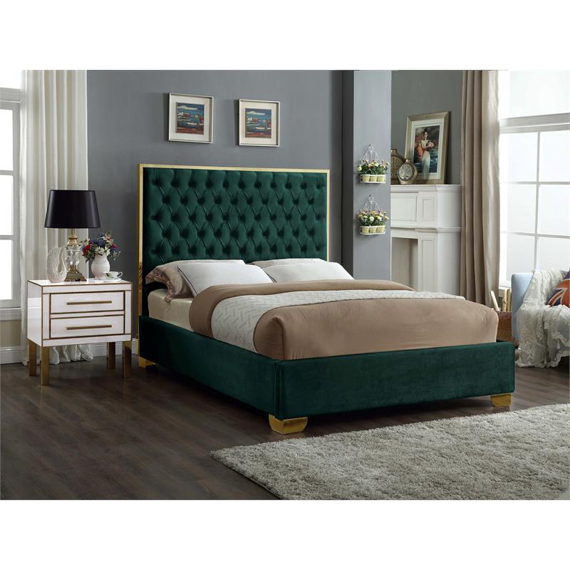 Pemberly Row Contemporary Solid Wood and Velvet King Bed in Green