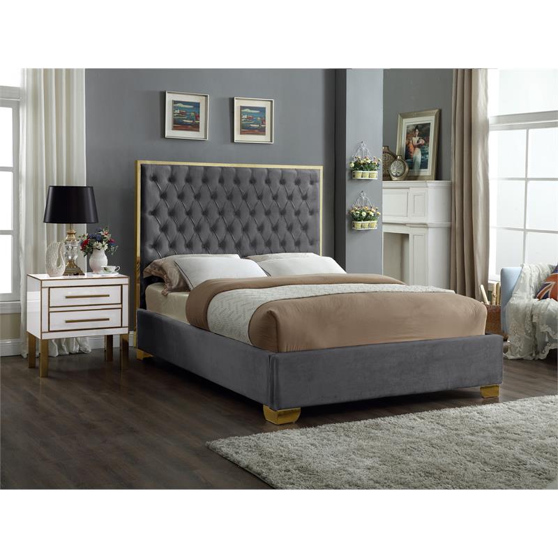 Pemberly Row Contemporary Solid Wood and Velvet Queen Bed in Gray