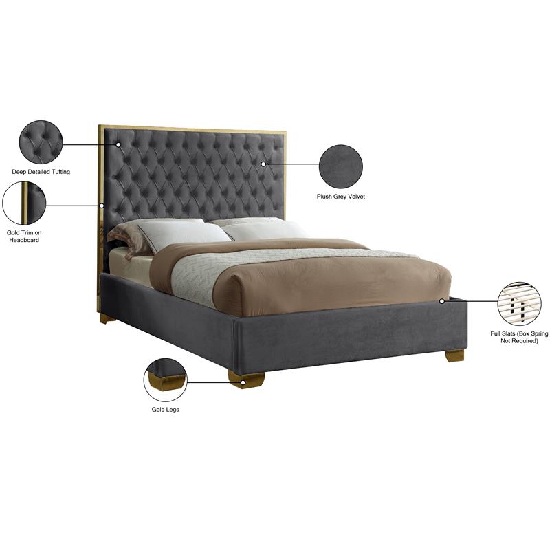 Pemberly Row Contemporary Solid Wood and Velvet Queen Bed in Gray
