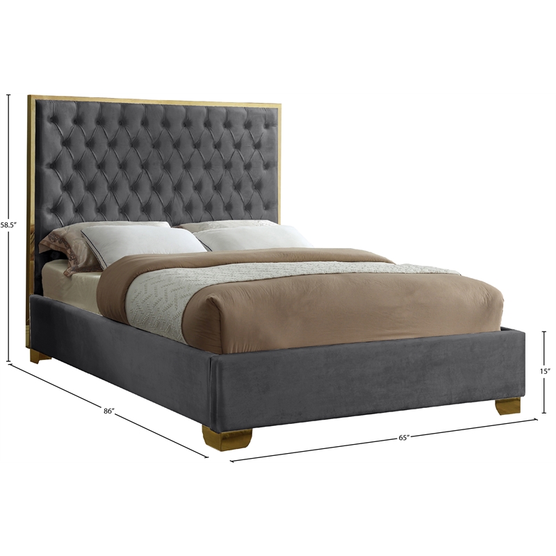 Pemberly Row Contemporary Solid Wood and Velvet Queen Bed in Gray