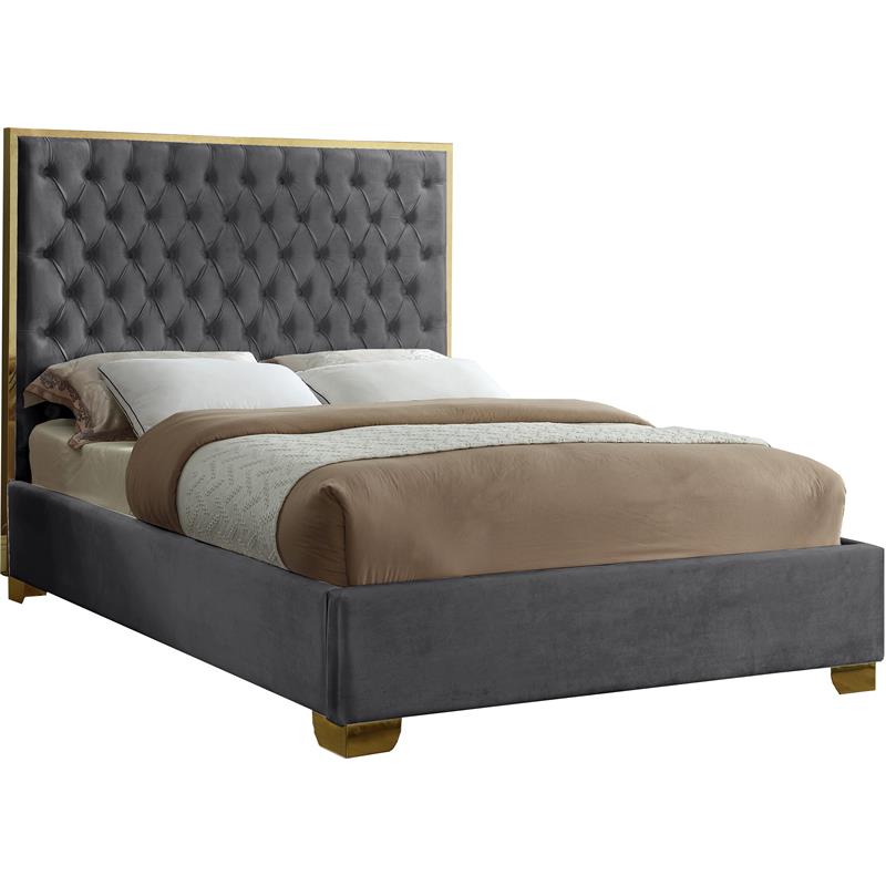 Pemberly Row Contemporary Solid Wood and Velvet Queen Bed in Gray