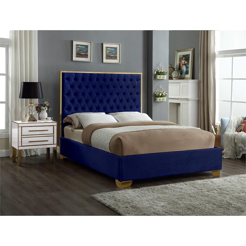 Pemberly Row Contemporary Solid Wood and Velvet Queen Bed in Navy