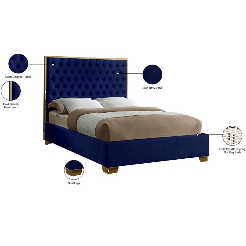 Pemberly Row Contemporary Solid Wood and Velvet Queen Bed in Navy