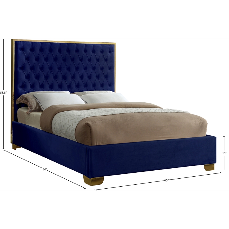 Pemberly Row Contemporary Solid Wood and Velvet Queen Bed in Navy