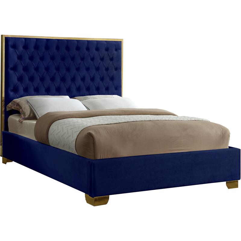 Pemberly Row Contemporary Solid Wood and Velvet Queen Bed in Navy