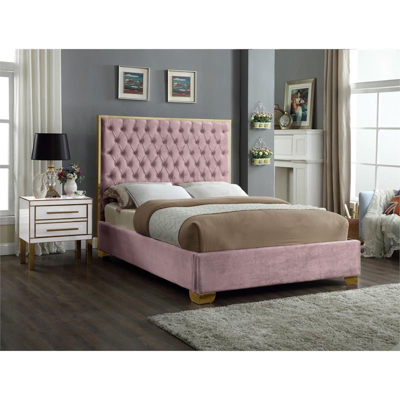 Pemberly Row Contemporary Solid Wood and Velvet Queen Bed in Pink