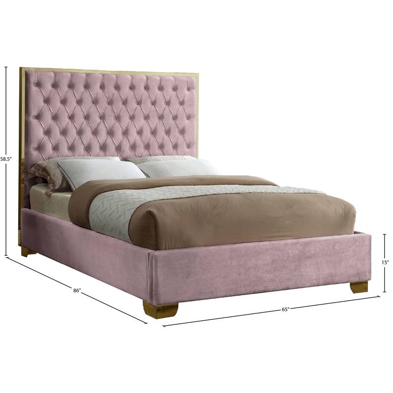 Pemberly Row Contemporary Solid Wood and Velvet Queen Bed in Pink