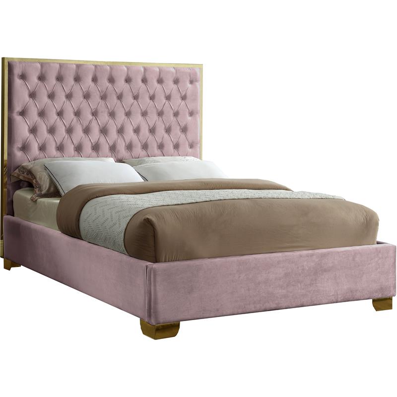 Pemberly Row Contemporary Solid Wood and Velvet Queen Bed in Pink