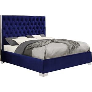 Pemberly Row Contemporary Solid Wood and Velvet Queen Bed in Navy