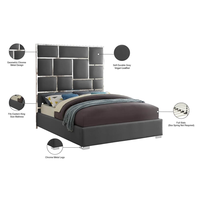 Pemberly Row Modern Solid Wood and Vegan Leather King Bed in Gray