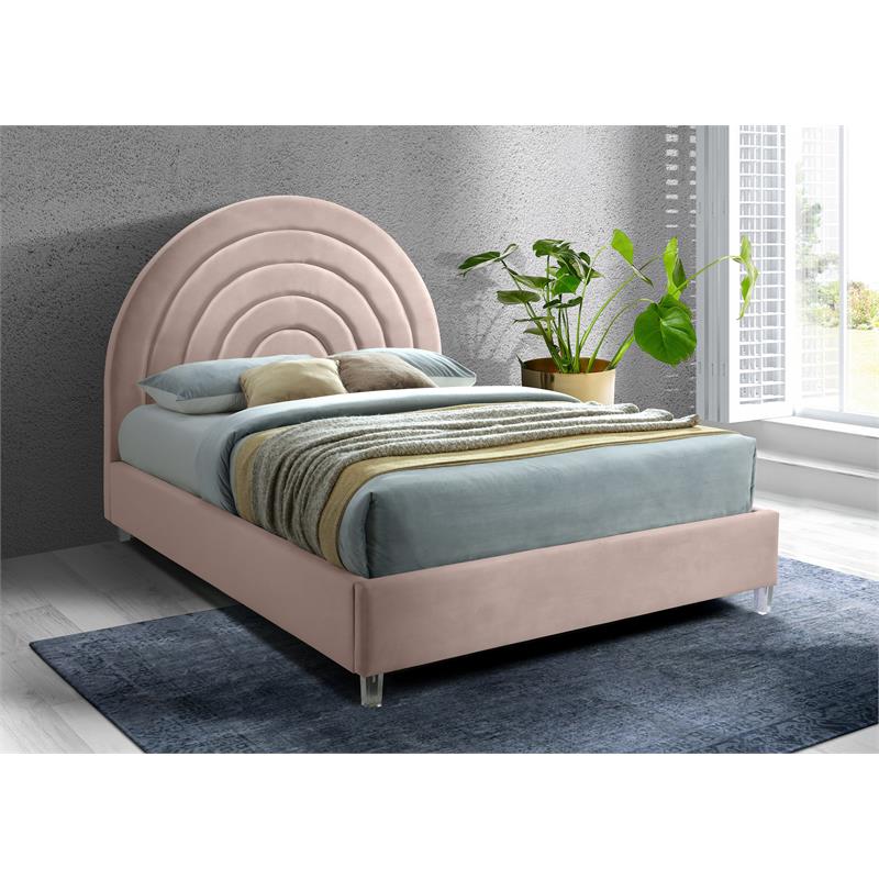 Pemberly Row Contemporary Pink Velvet Queen Bed in Acrylic Finish